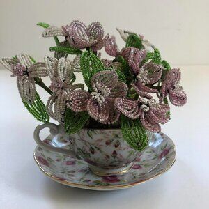 Vintage Beaded Flowers in Floral Teacup and Saucer, Lefton China